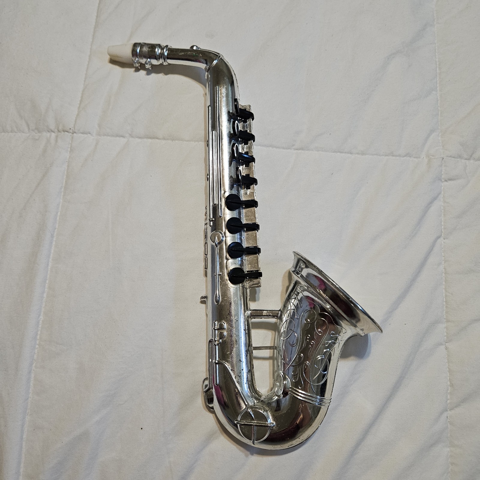 Vintage 1960s Proll Toys Inc Silver Plastic Saxophone Toy Instrument Works