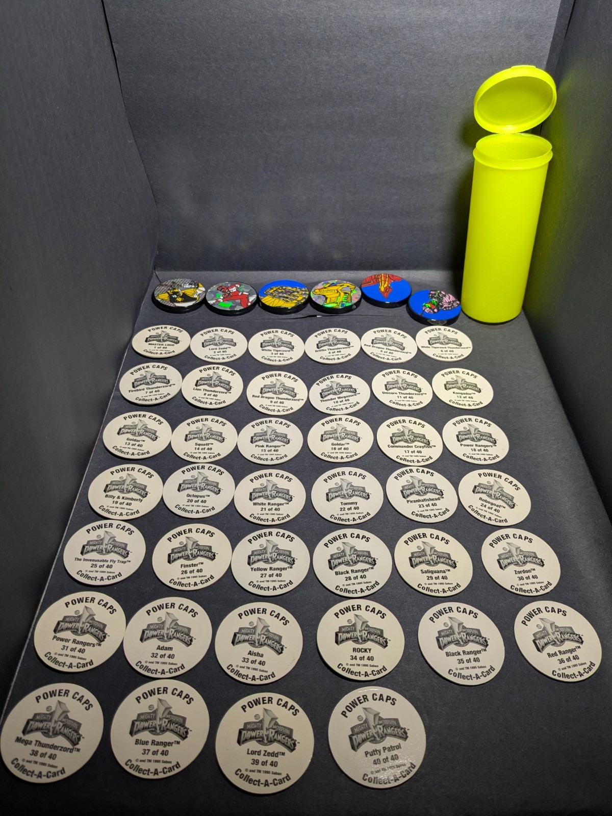 POGS Mighty Morphin Power Rangers Caps 40/40 Complete Set + 6 Slammers + Tube