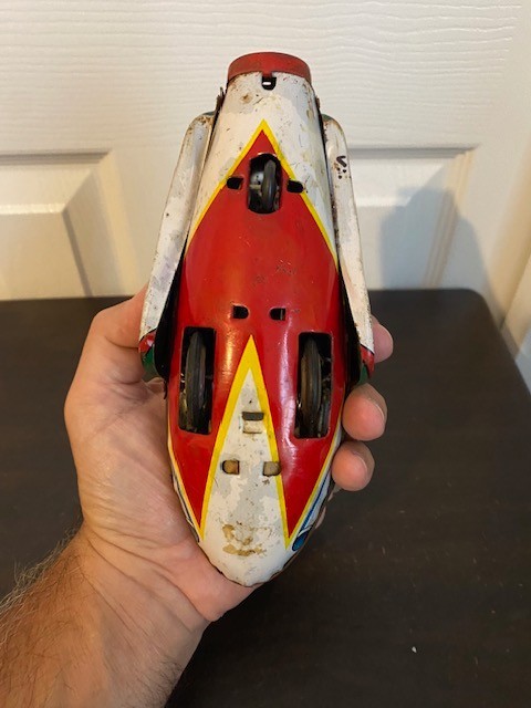 2 Vintage Tin Toys Friction Rocket Racer Number 6 & MF-742