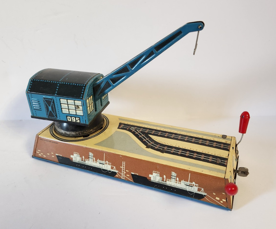 1950s Hans Biller Dock Crane Tin Wind Up Litho Crane Works Well See My Video