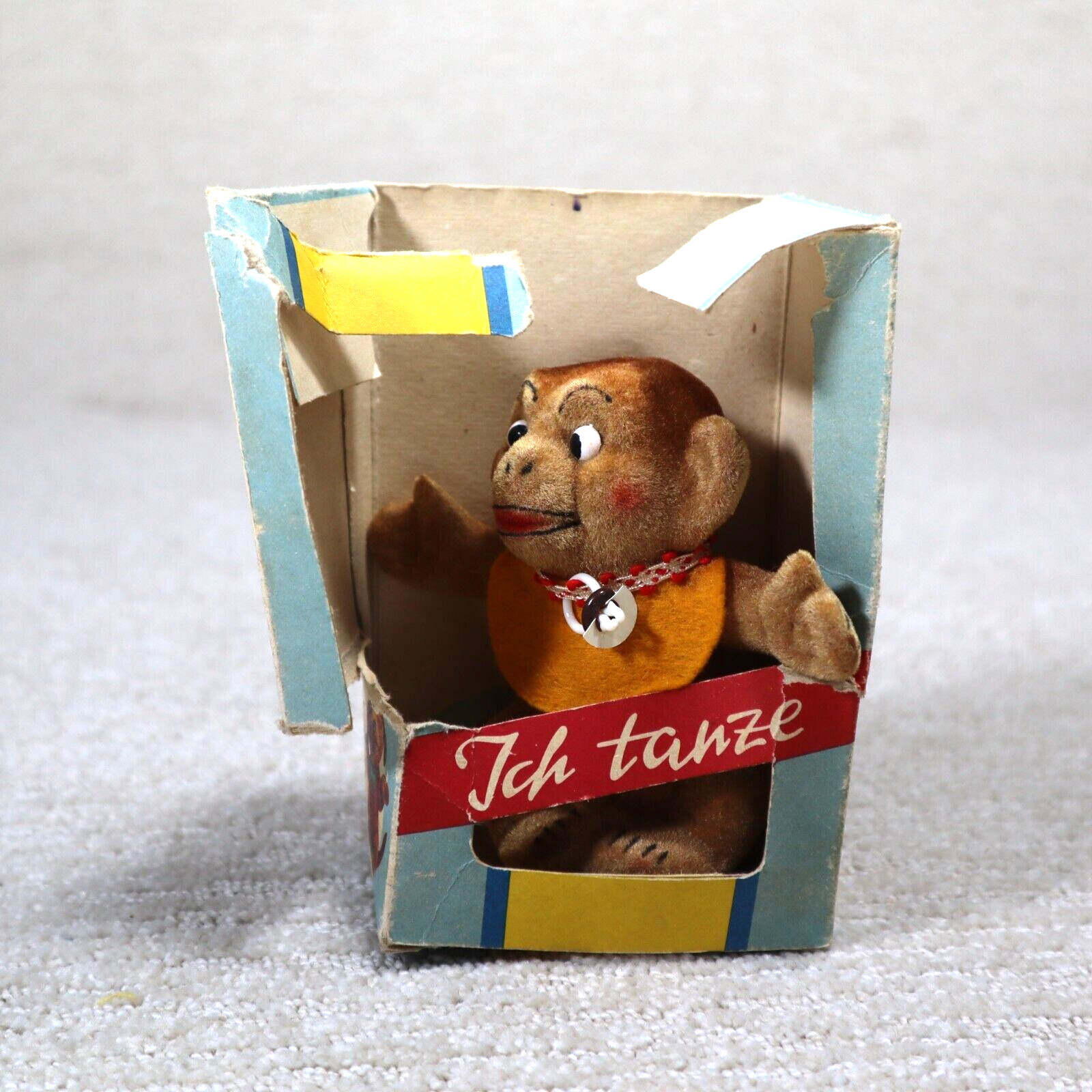 Vintage Toy Wind Up Mechanical Dancing Monkey w Box Flocked West Germany