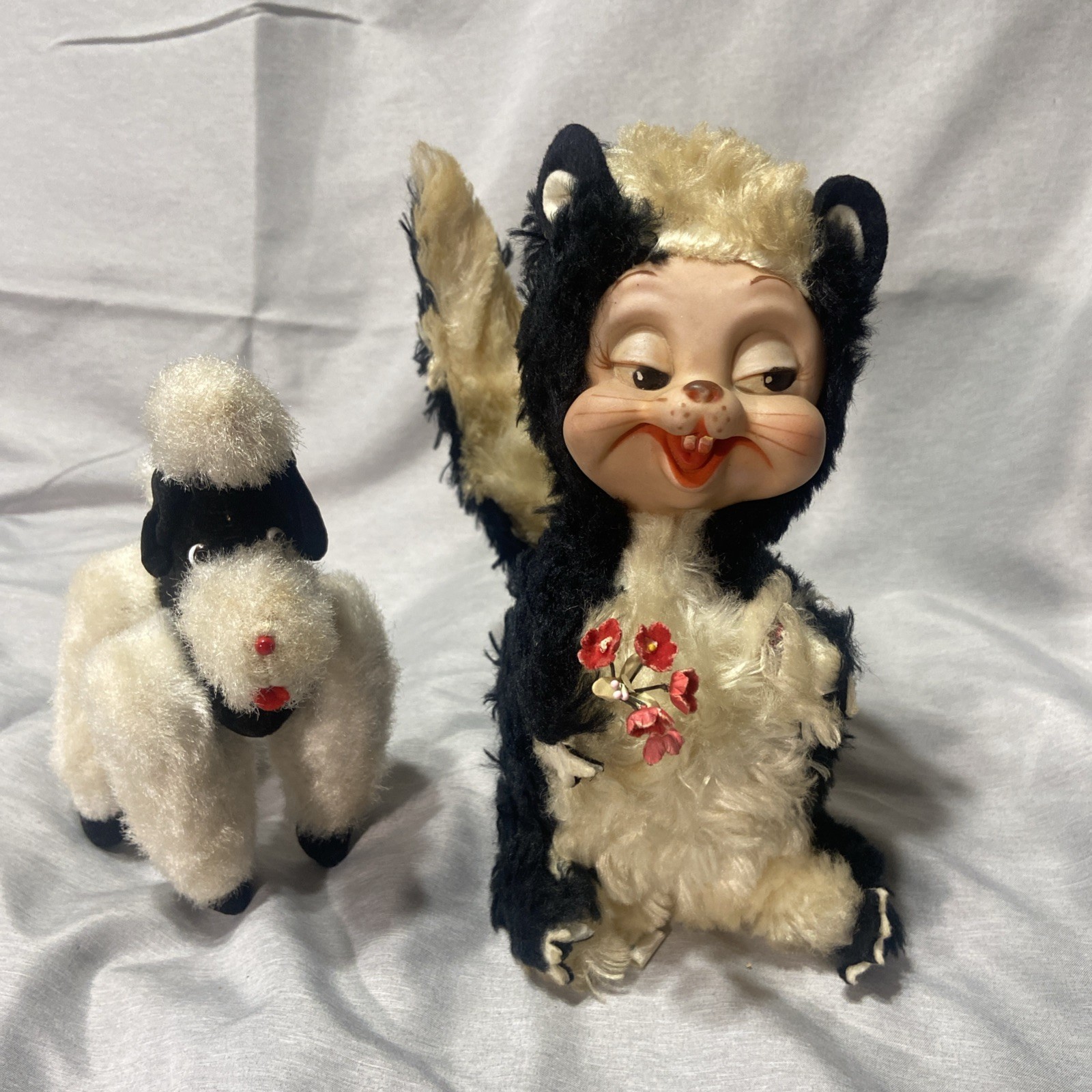 Vintage 1950s Rushton Rubber Face Skunk Plush 9” w/ Tag & Box + Bonus Poodle