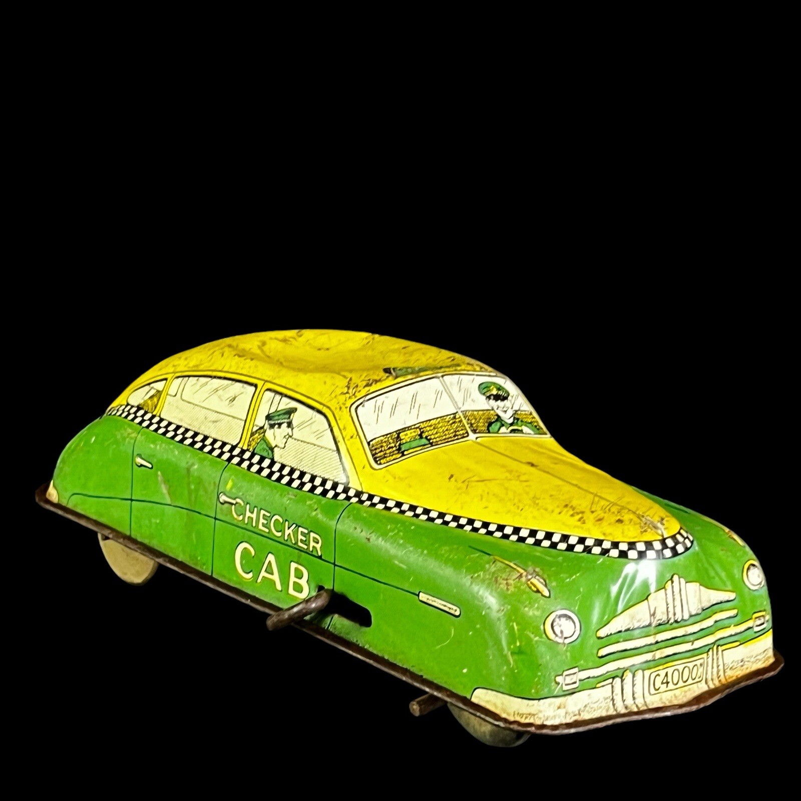 Vintage Courtland Tin Lithograph Checker Cab Taxi Wind-Up Toy Car Working