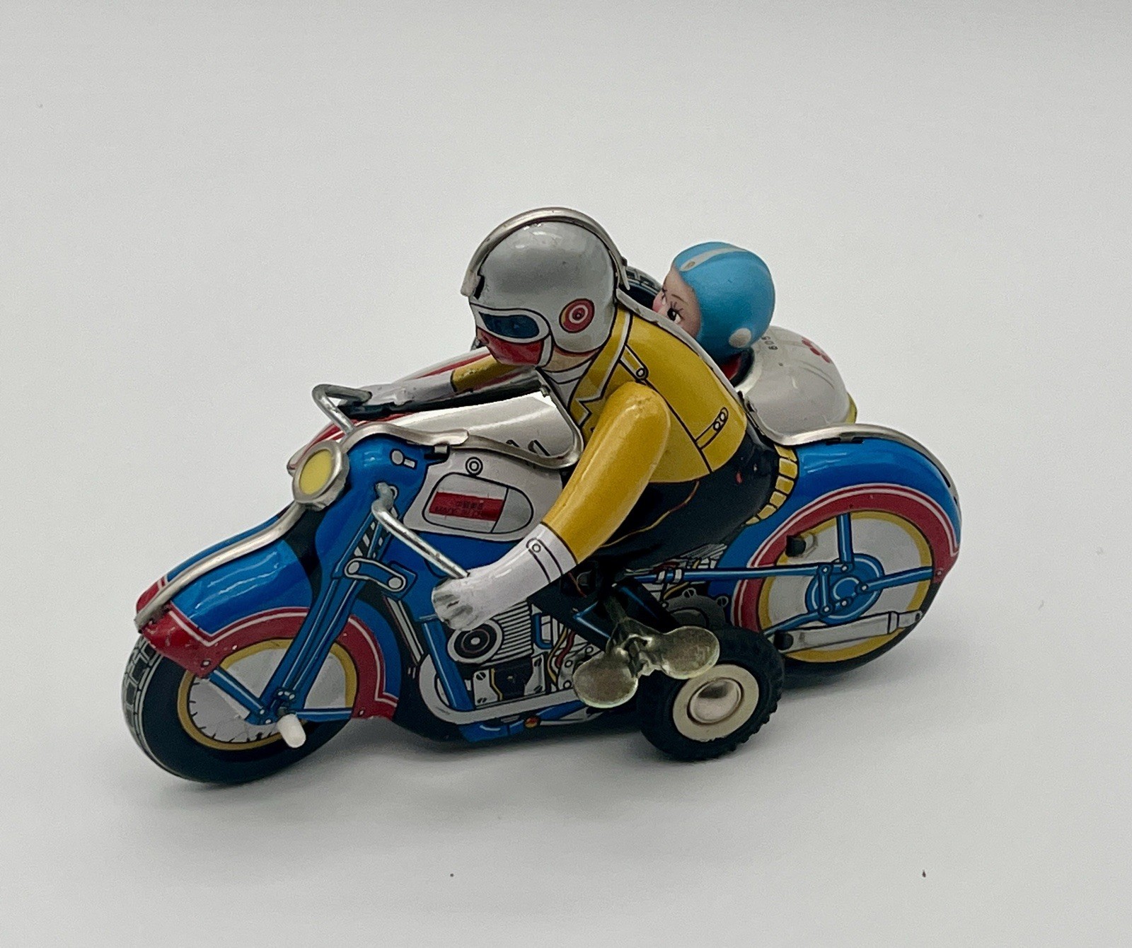 Wind up Clockwork Motorcycle With Sidecar Tin Toy Works with Key