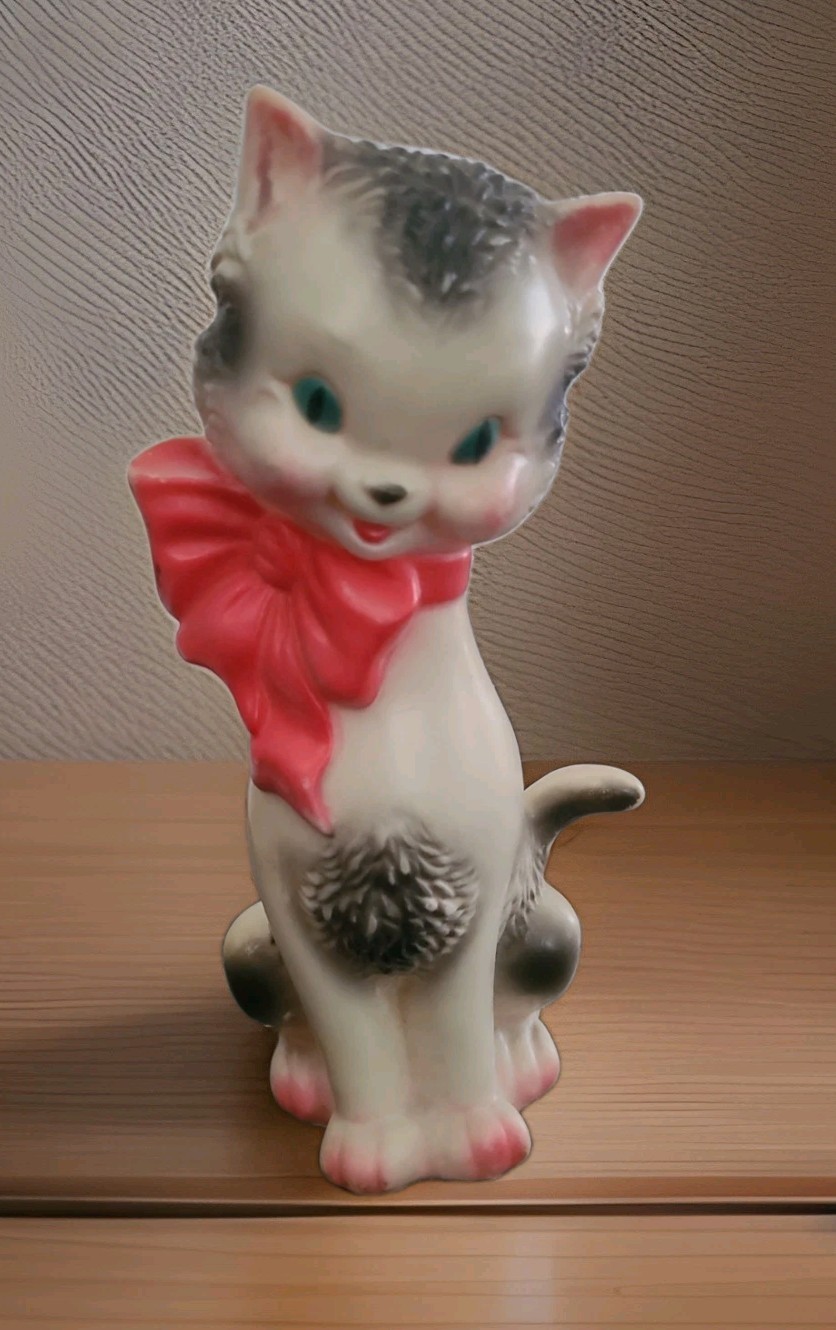 Vintage 1950’s Sun Rubber Company Squeaky Cat w/Pink Bow Tie Toy MCM Retro