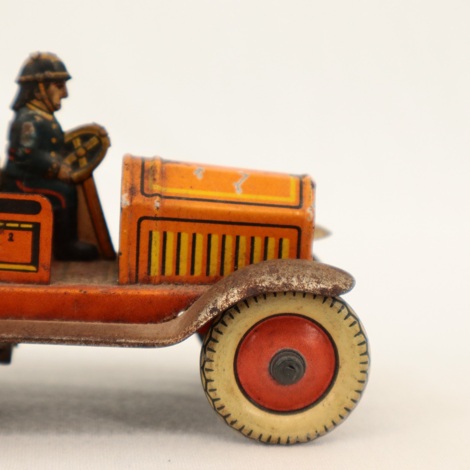 VTG Arnold Germany Tin Clockwork Fire Engine Toy w Fireman Driver 1930s