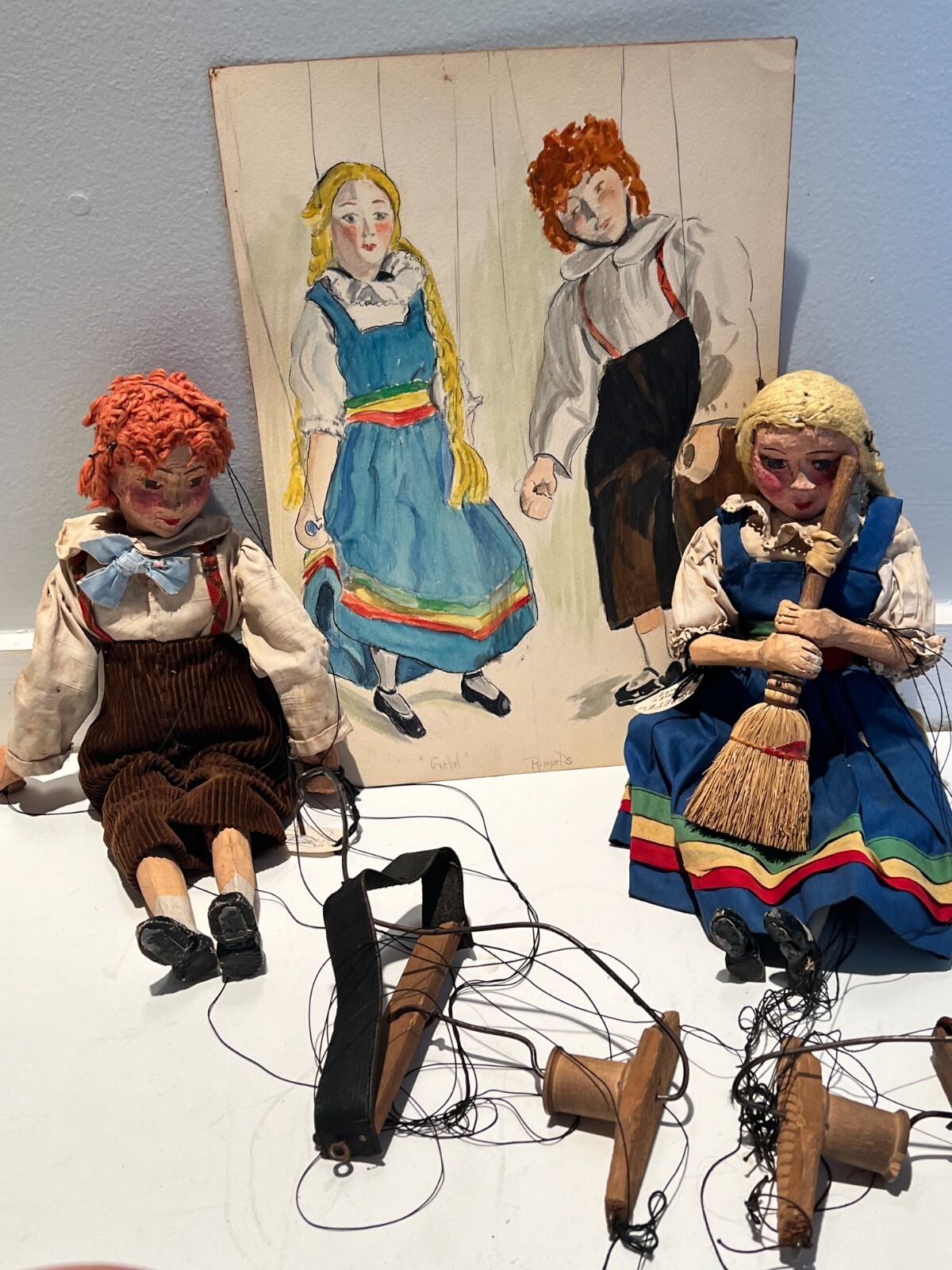 2 Antique 1939 Plaster & Wood Marrionets Hansel & Gretel Puppets w/Watercolor