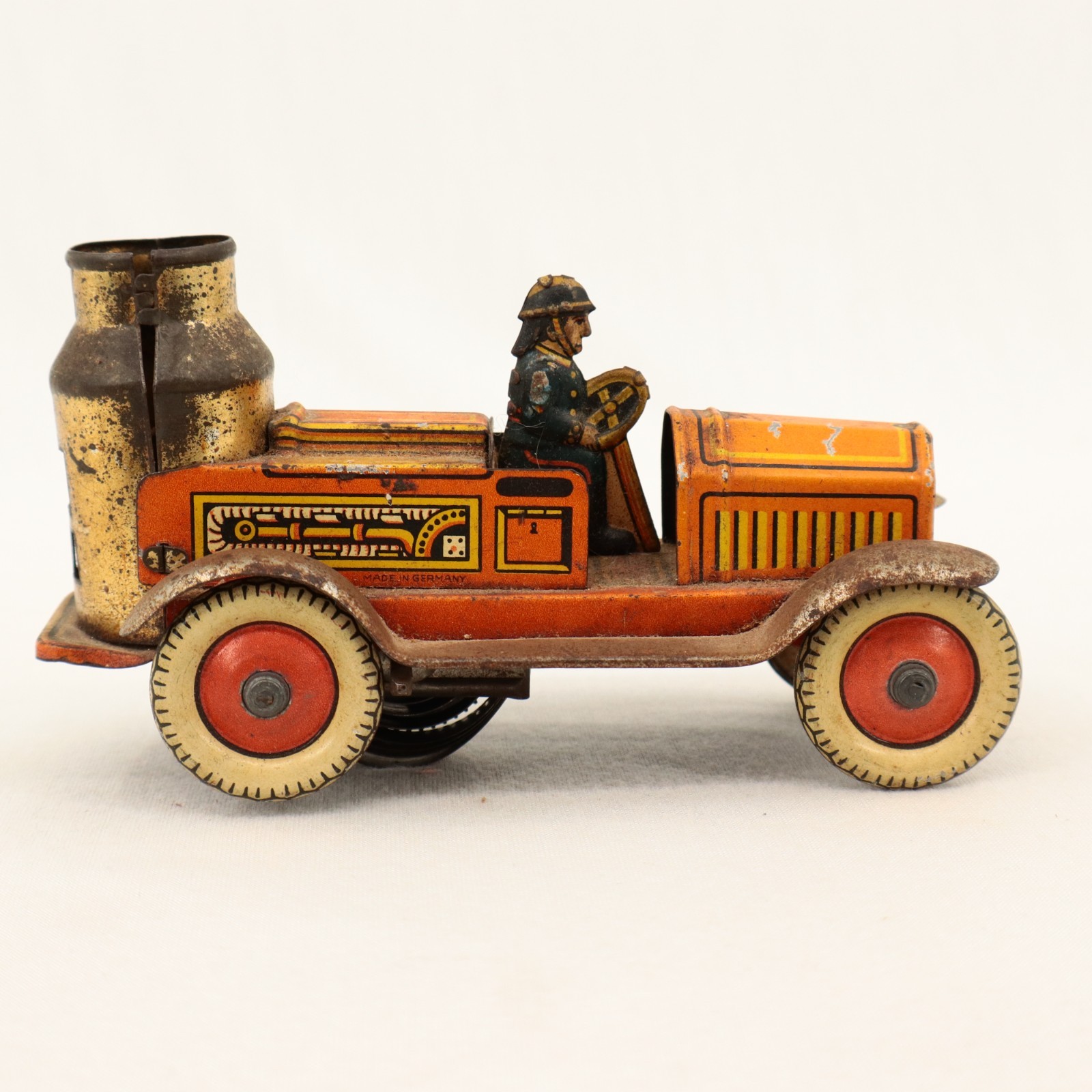 VTG Arnold Germany Tin Clockwork Fire Engine Toy w Fireman Driver 1930s