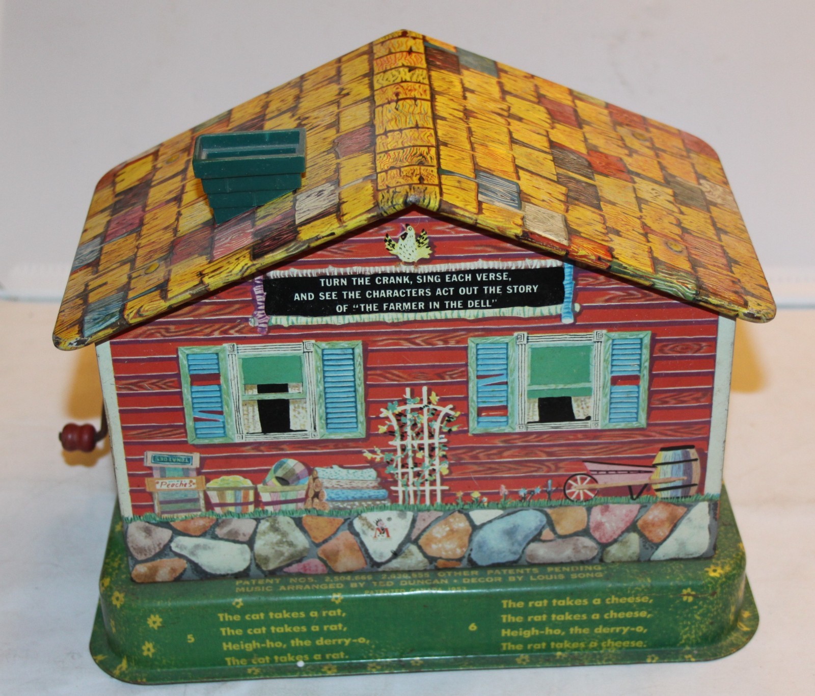 Vintage Mattel Farmer in the Dell Toy #503 Tin Wind-Up Music Box 1950s, not work