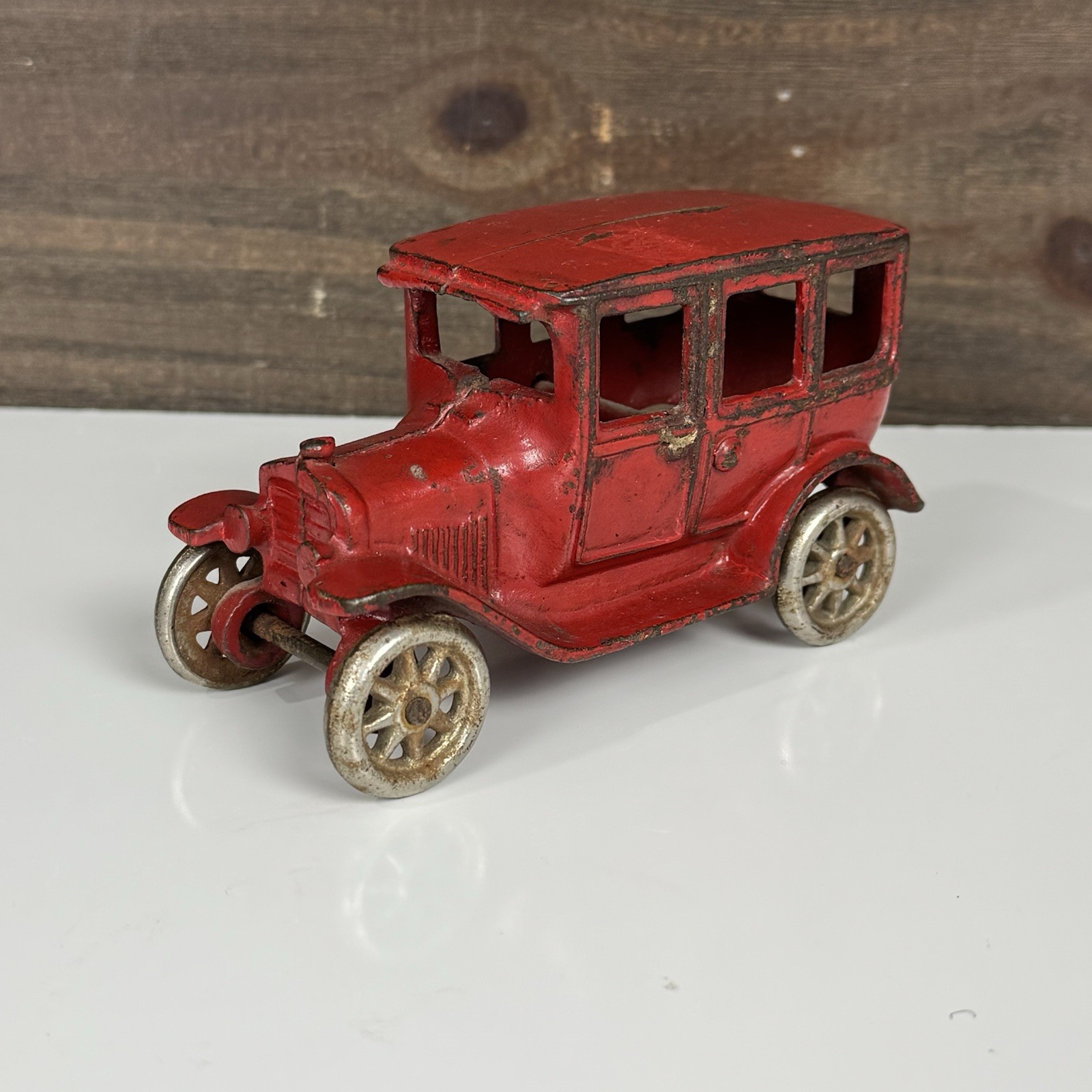 Arcade MFG Co. Antique Cast Iron Red Car Ford Model T Coupe Nickel-Plated Wheels
