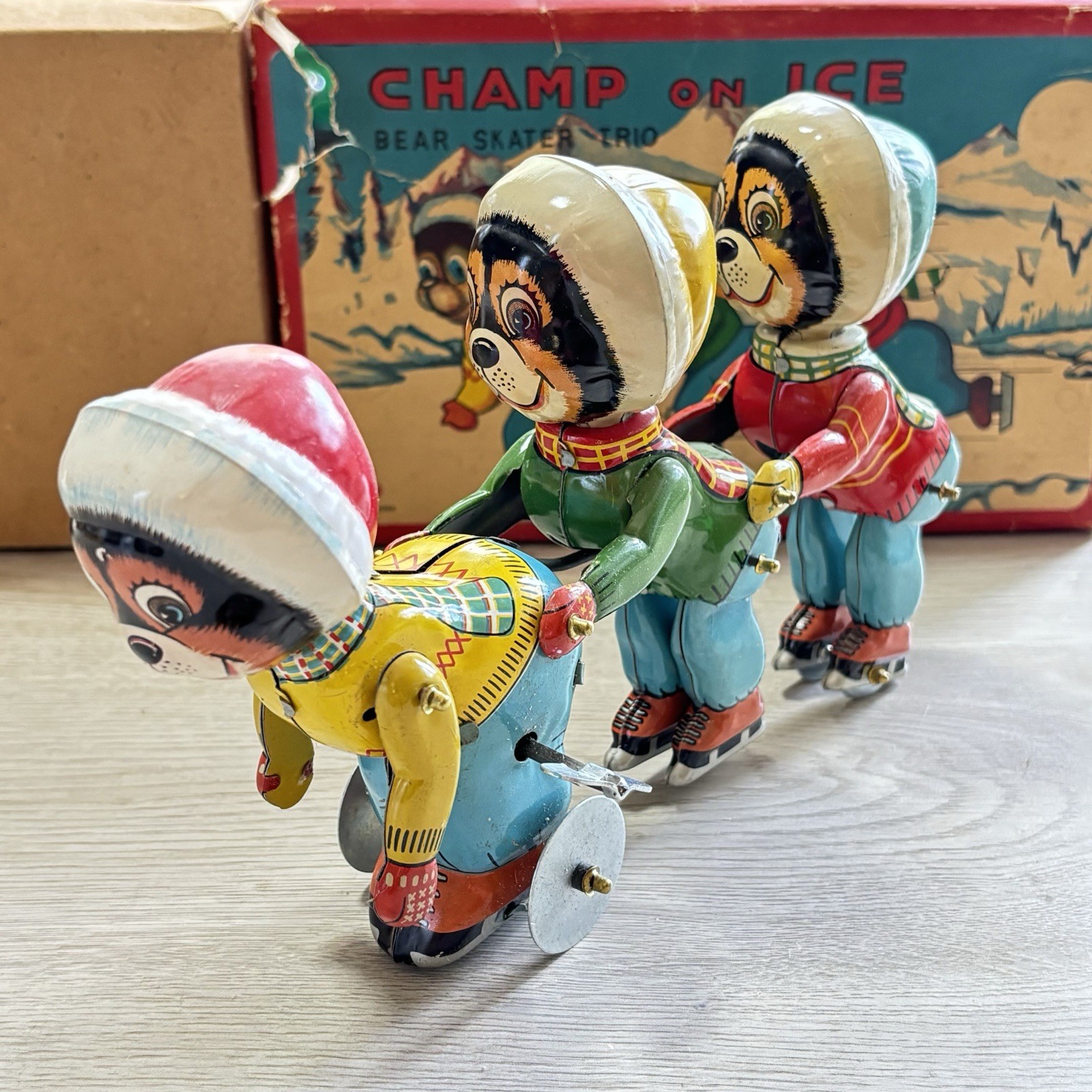 Vintage CHAMP ON ICE Bear Skater Trio Wind Up Toy Japan Works Great