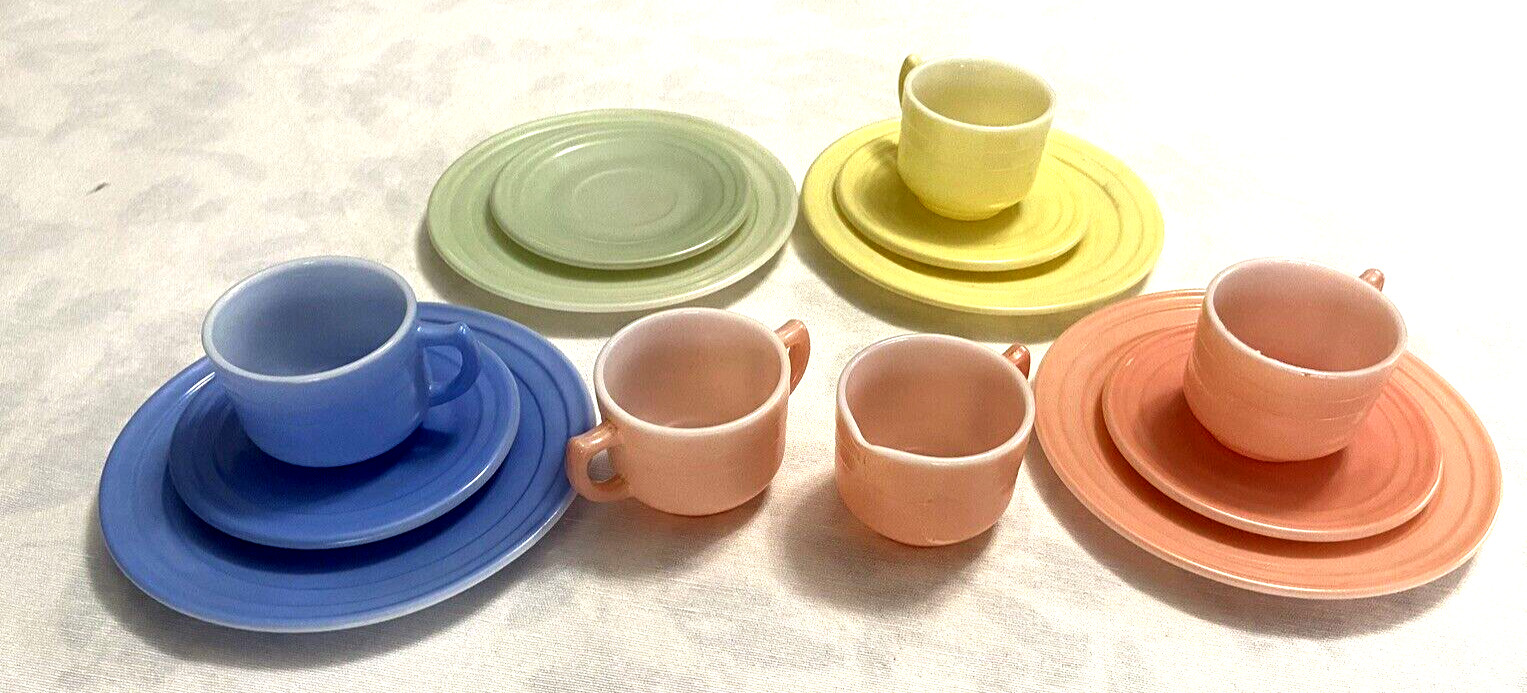 Vintage Child Tea Set Hazel Atlas Milk Glass Pastel Plates and Cups Sugar Cream