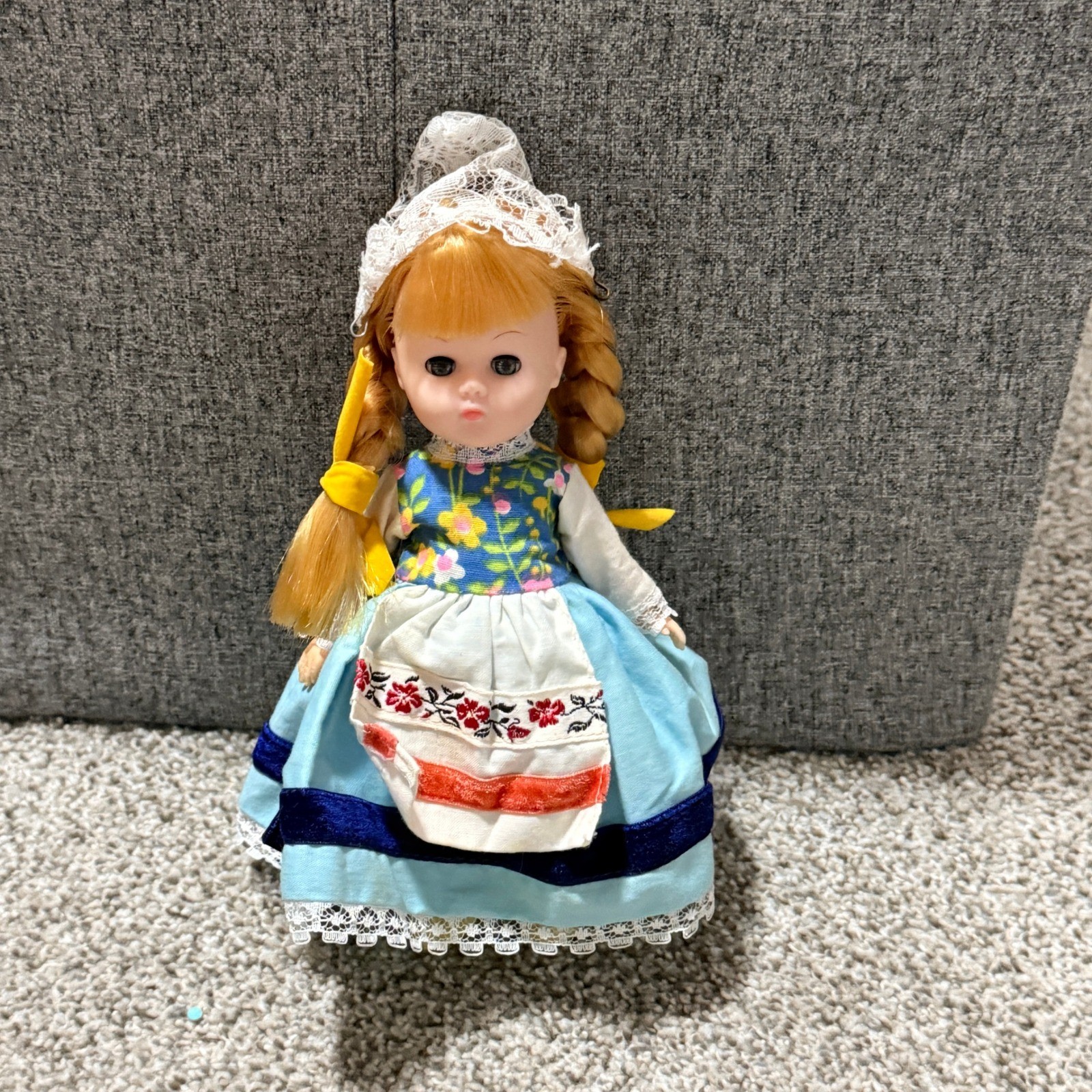 Vintage Dutch Folk Costume Mini Doll Braided Blonde Hair Blue Dress Lace Cap 8in