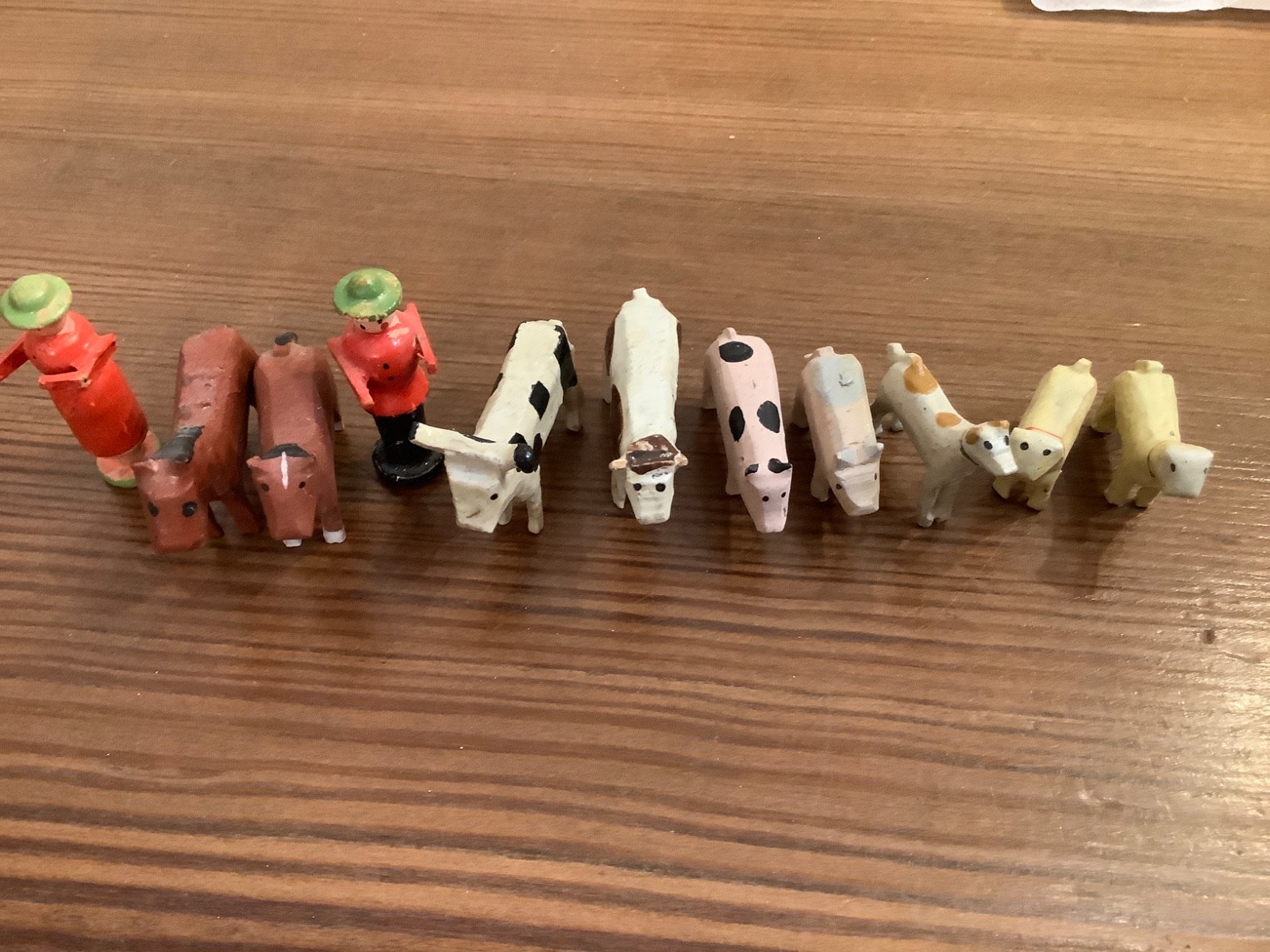 Lot of 11 Antique German Erzgebirge Carved Wood Farm Animals People Miniature