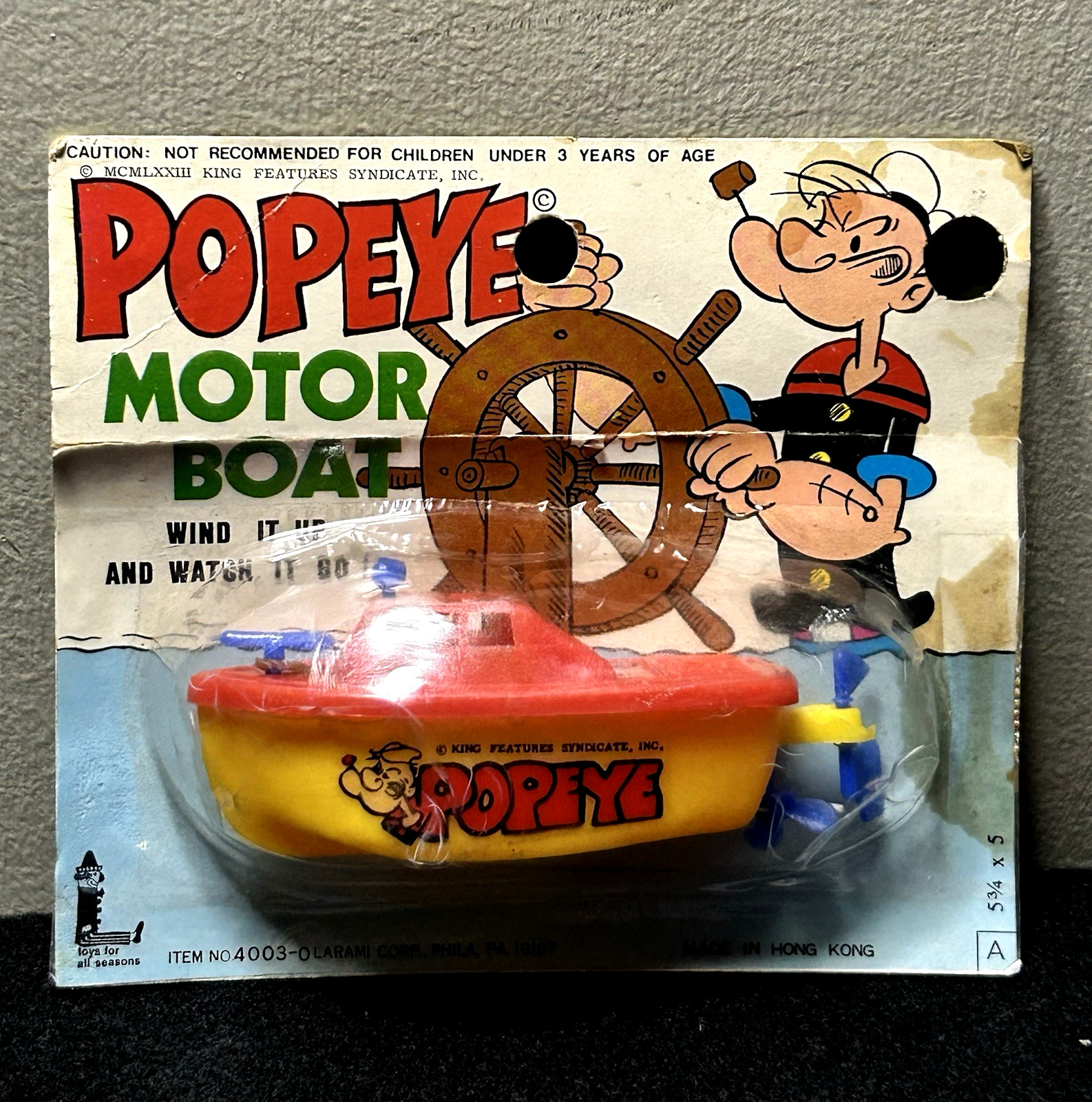 1973 Popeye Motor Boat Wind‑Up Toy • Larami 4003‑3 • Hong Kong • SEALED on Card