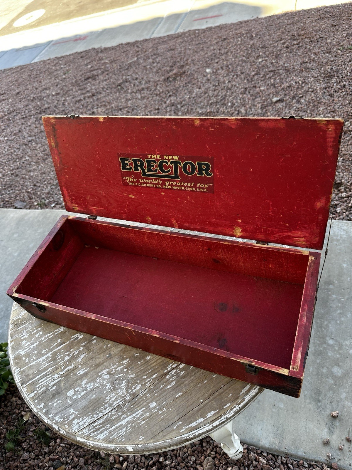 “The New Erector” Wooden Toy Box 1920s–30s A.C. Gilbert Original Red Paint