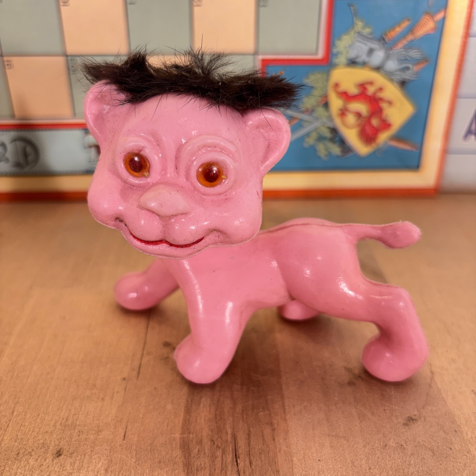 Vintage Plastic Lion Troll w Fur and Bead Eyes, Made in Hong Kong, 4.5″l
