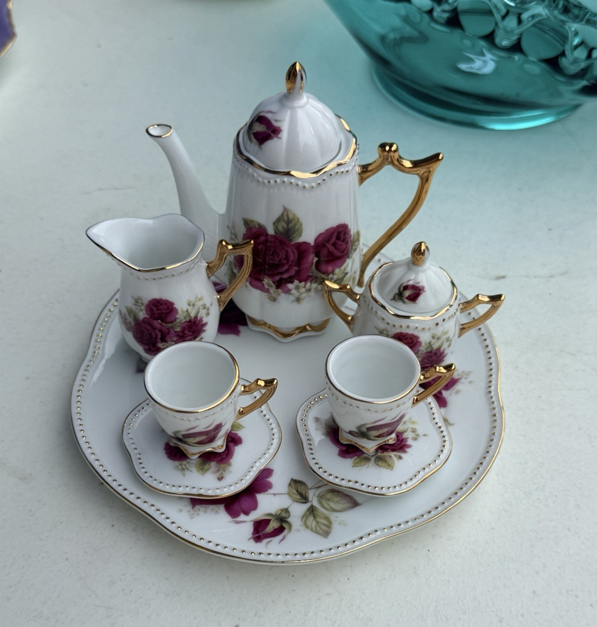 Vintage Miniature Porcelain Tea Set Purple Rose Floral Gold Trim 8pc Set