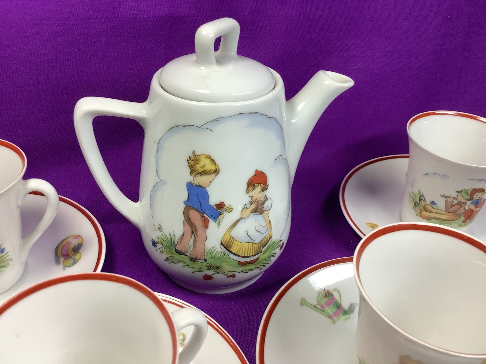 Rare Vintage Upsala Ekeby Karlskrona Child’s Tea Set Teapot Cups Sweden 410