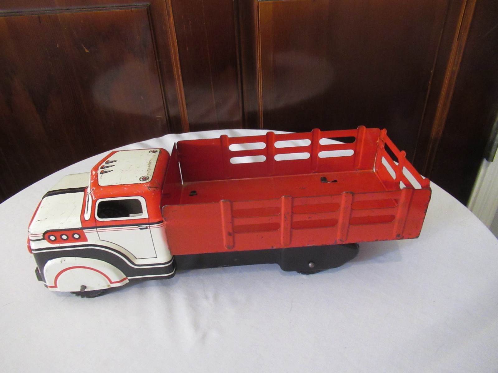 vtg 1950s Marx Tin Litho Red Stake Bed toy truck 13″ made in USA