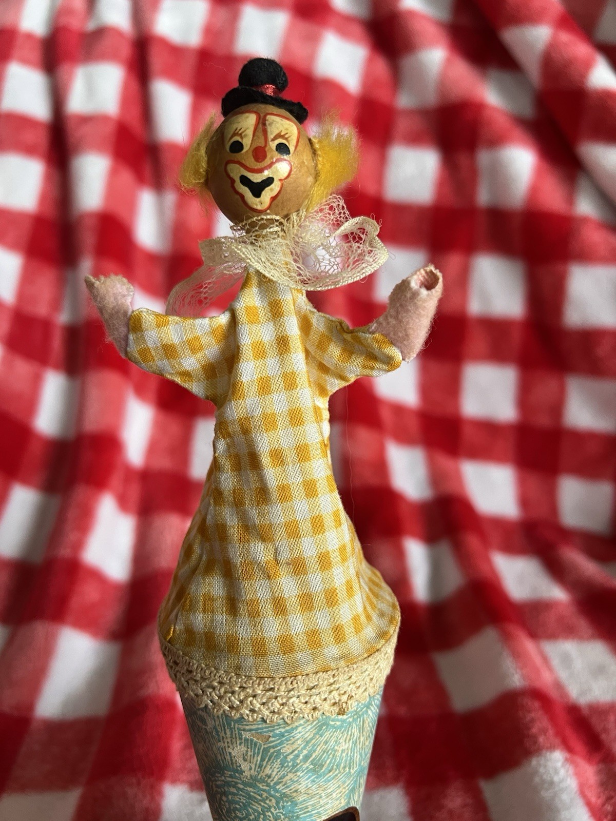 Vintage Shanghai Toys Clown Puppet Push Toy Wooden Stick Hand Puppet