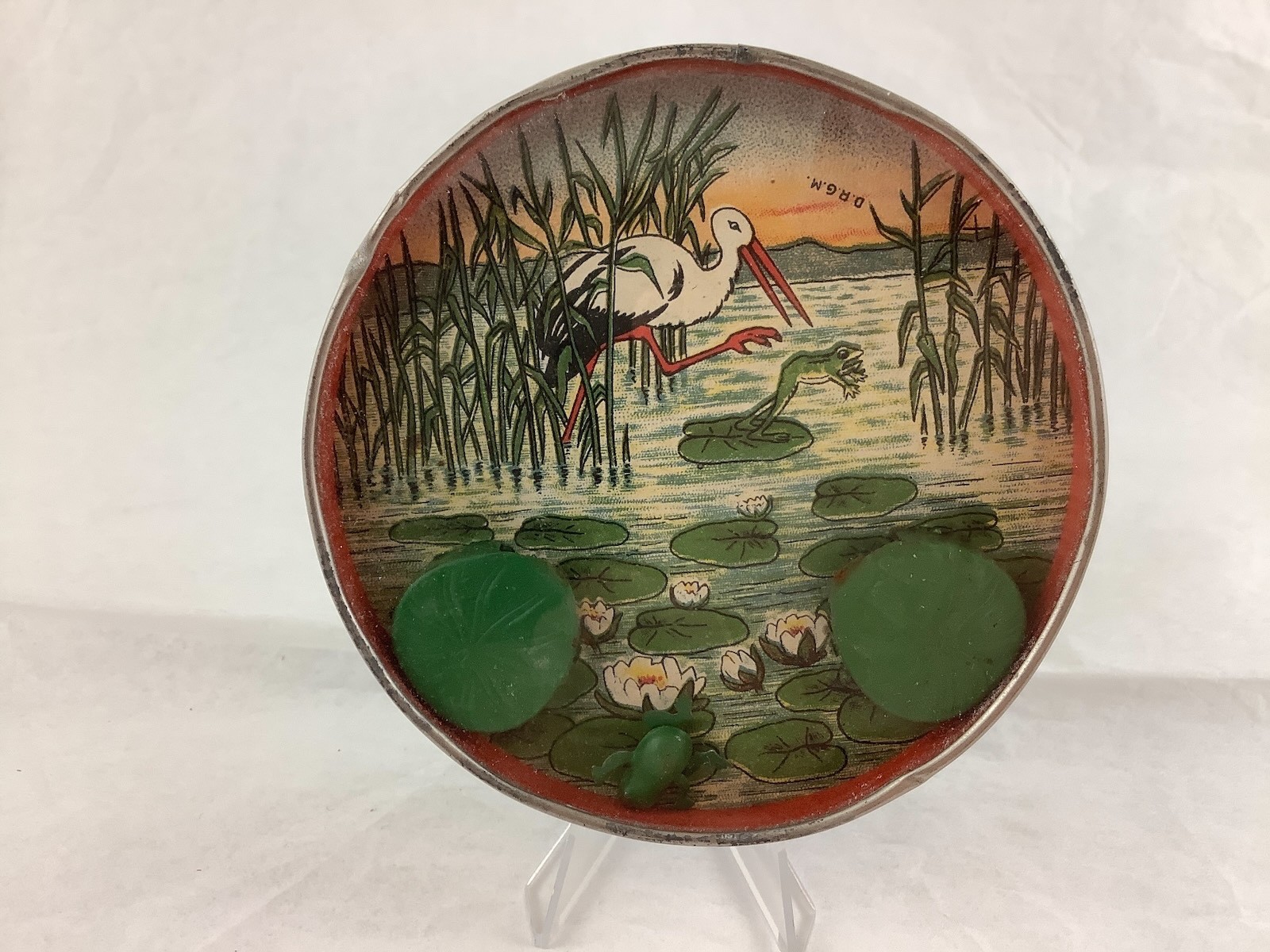 1910-1920’s FROGS, STORK, LILY PADS GERMAN LARGE 4 1/4 INCHES DEXTERITY TOY