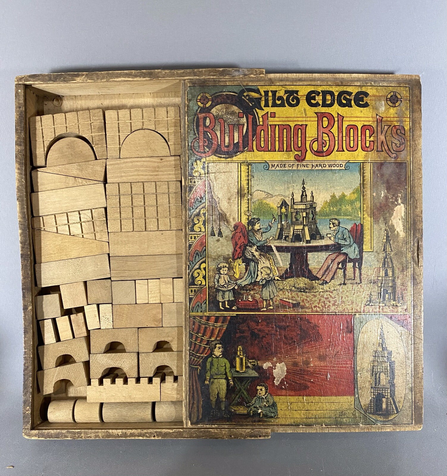 Antique Reed Toy Building Blocks Set, Paper Litho Cover