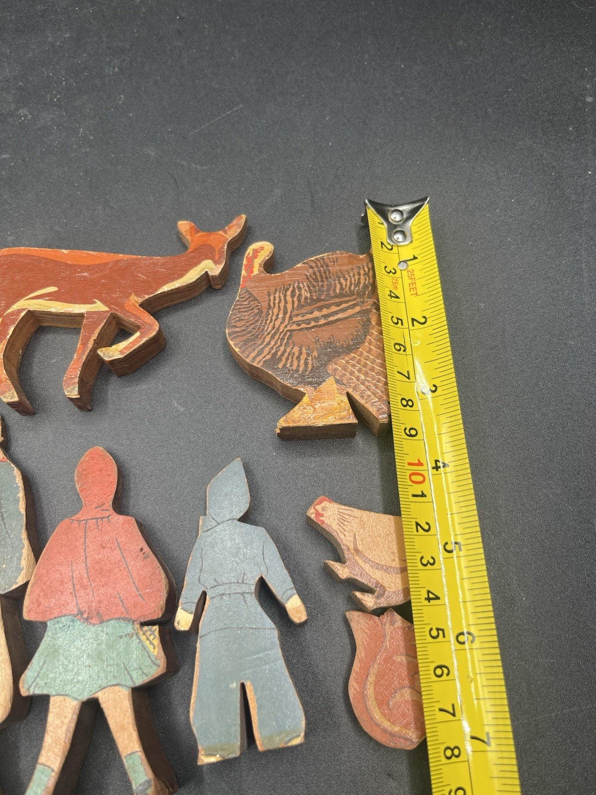 Lot Of 10 Vintage Wood People Animal Toys Tiger, Deer, Turkey, Chicken, Squirrel