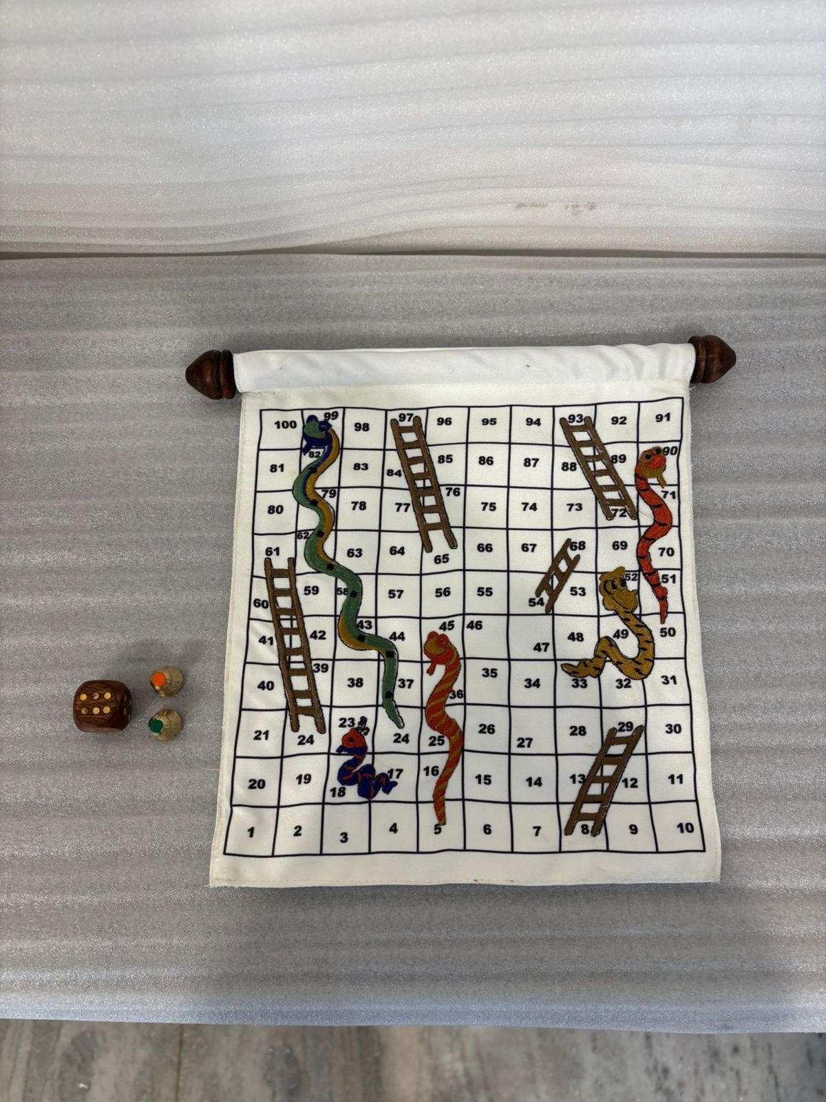 Vintage Snakes & Ladders Fabric Roll-Up Board Game with Wooden Dice, Counters