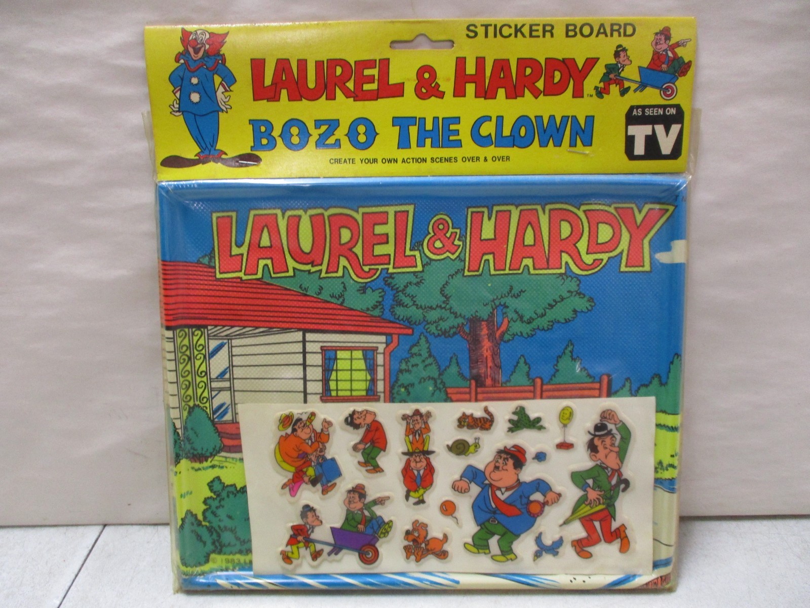 1983 Laurel and Hardy Bozo the Clown Sticker Board A