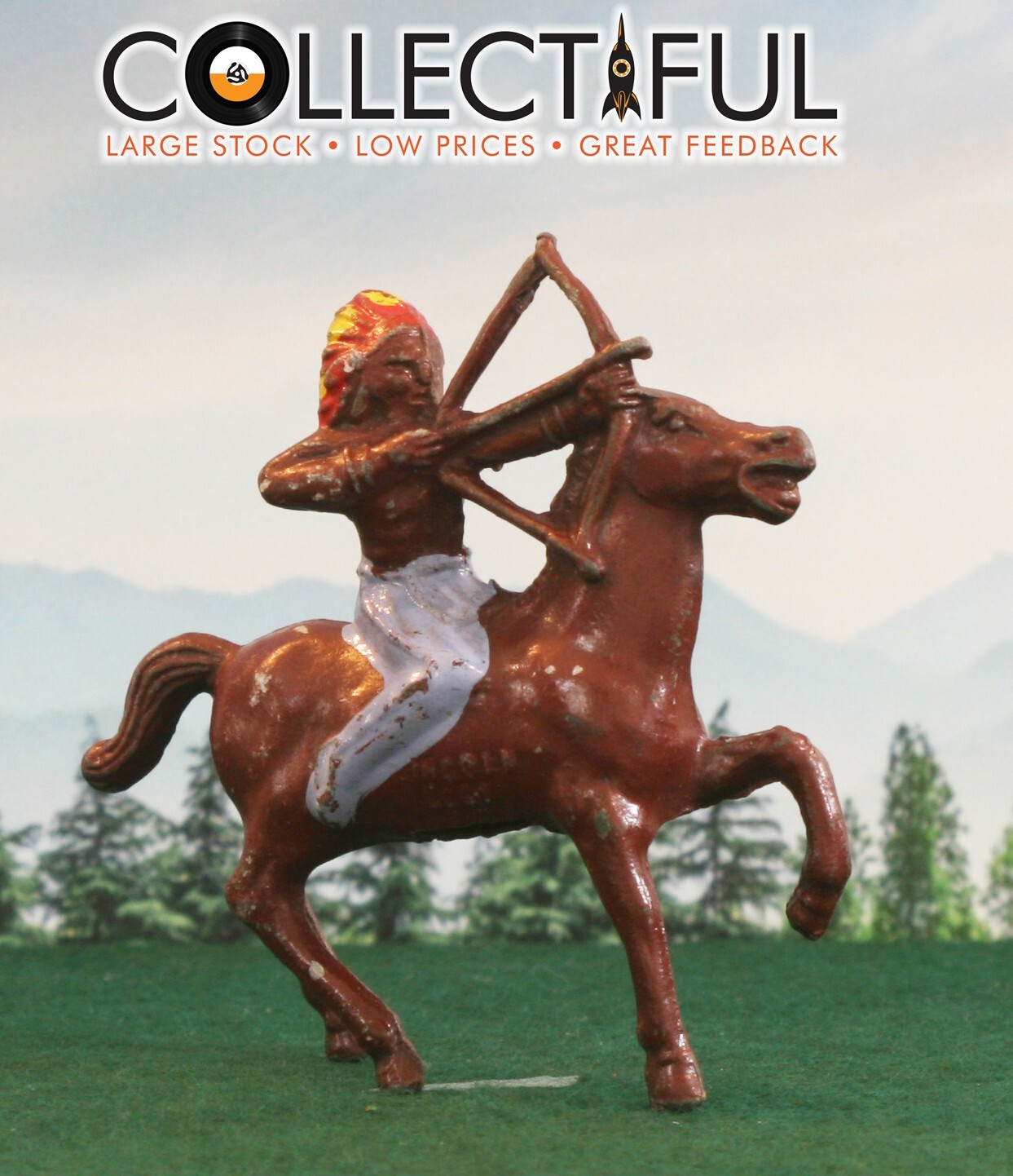 LINCOLN LOGS VINTAGE LEAD FIGURE – AMERICAN INDIAN ON HORSE – BOW ARROW🔥