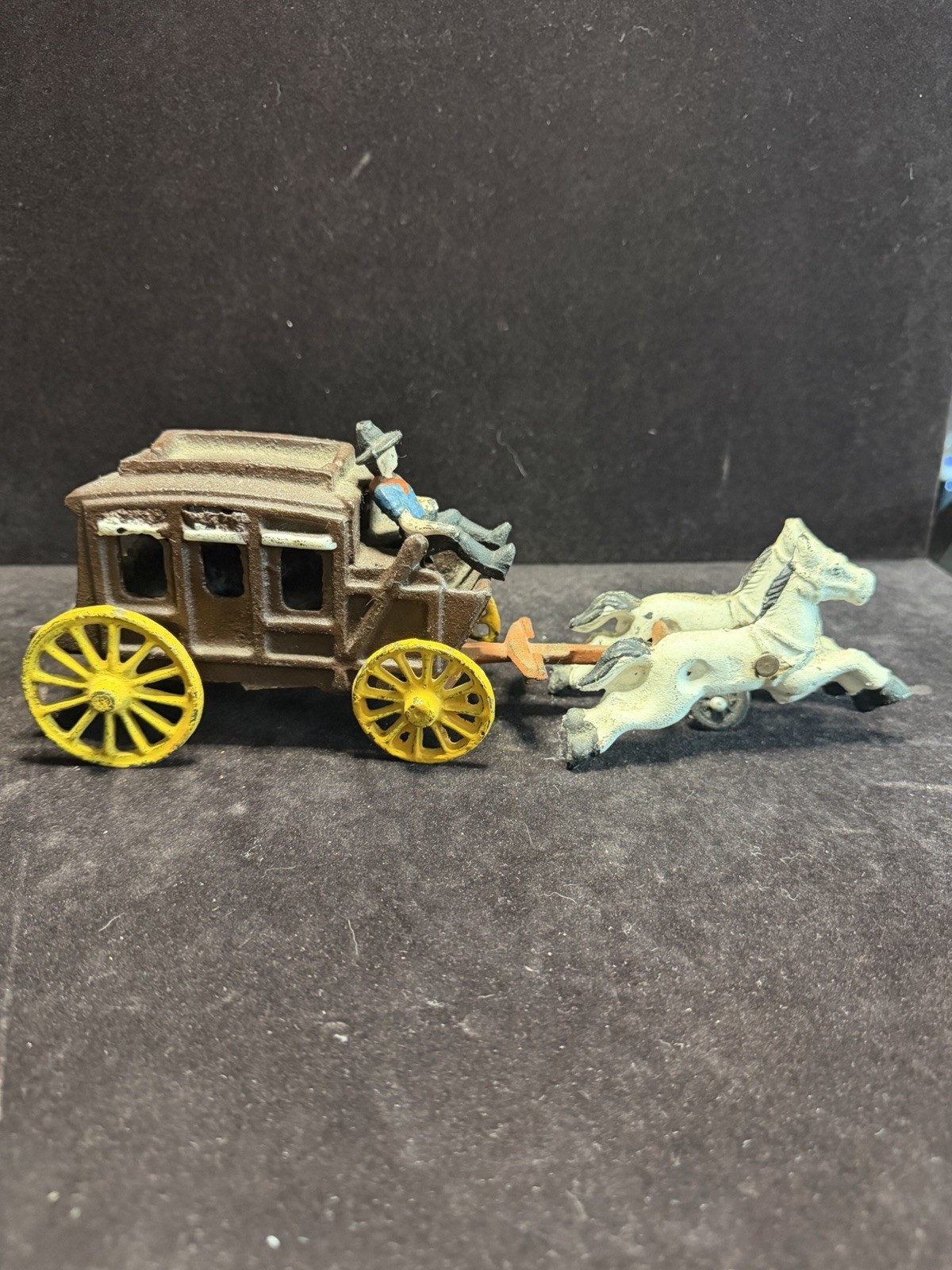 Vintage Cast Iron Stage Coach W/2 Horses Driver 3 Parts 1950s