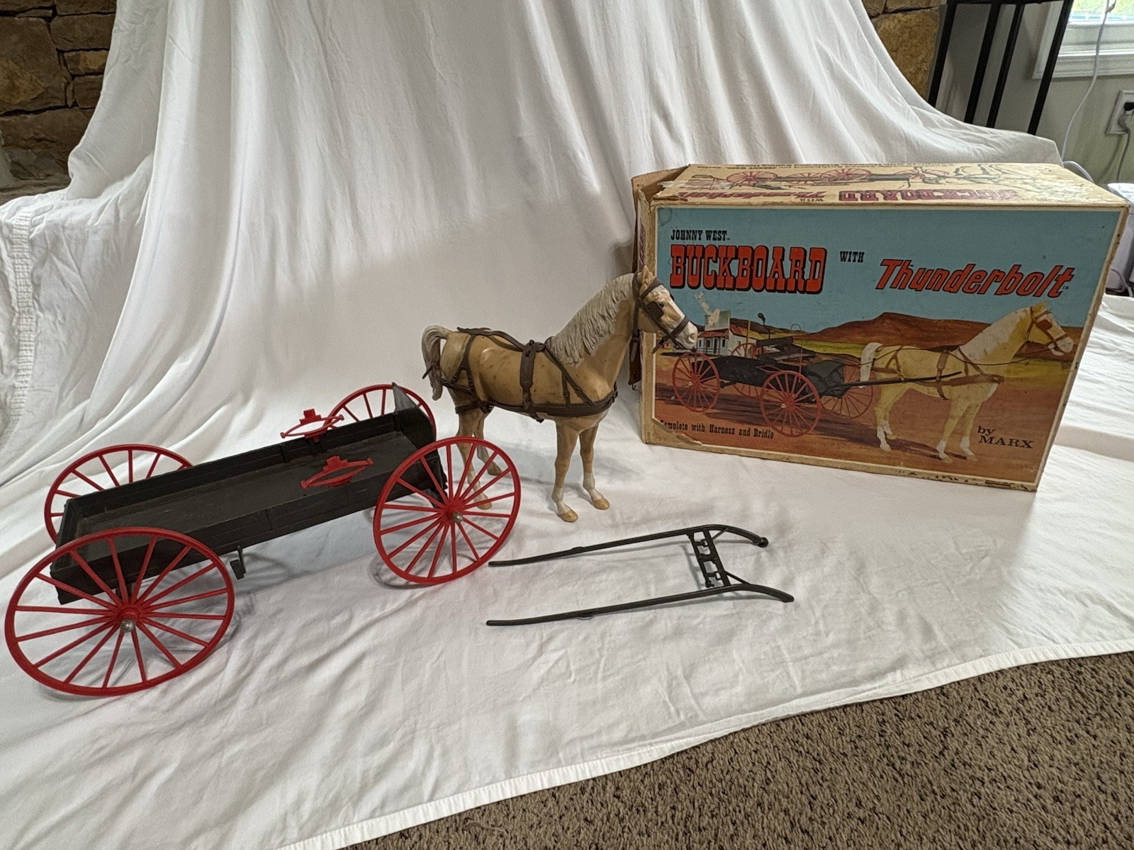 RARE Vtg. Louis Marx Johnny West Buckboard with Thunderbolt Horse, Orig Box 4424