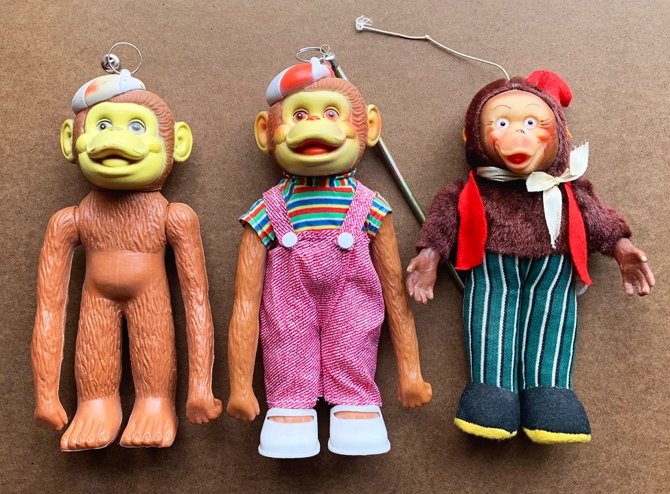3 Vintage 1960s Era Chimp Monkey Carnival Toy Figures – 2 Banks & 1 Stuffed