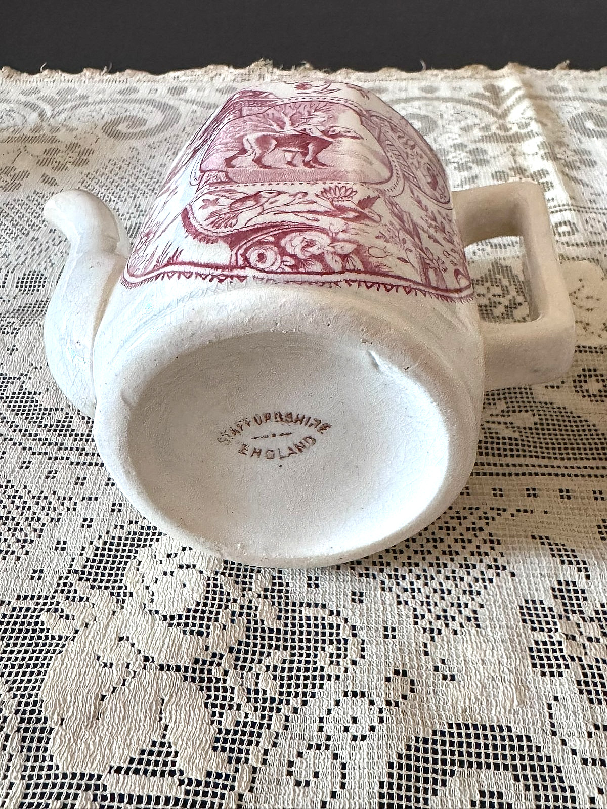 Antique Chas. Allerton Little Mae/Dog Red Transferware Child’s Tea Set & Spoons