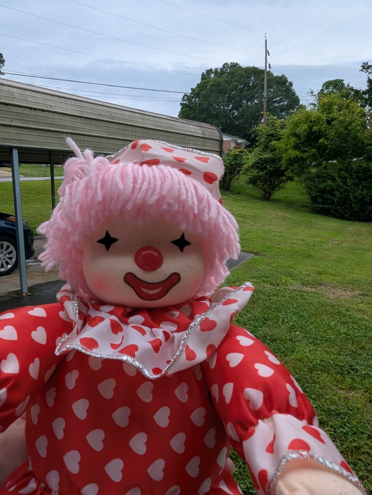 1986 Poter Musical Wind Up Clown Doll Moving Head Red White Hearts Xmas Music 9″