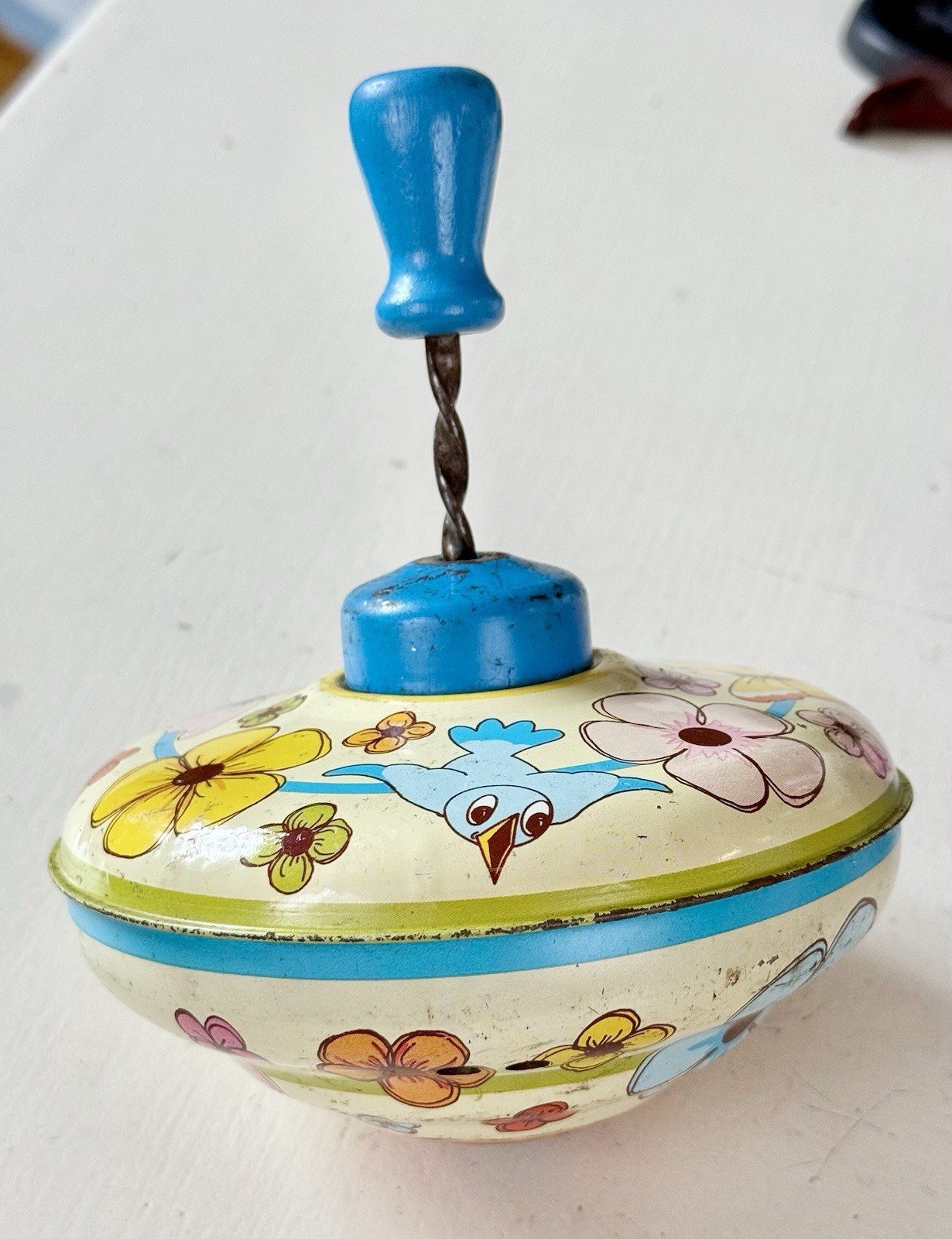 Vintage 1960s Ohio Art Wood & Tin Litho Spinning Top-Groovy Design-Flower Power