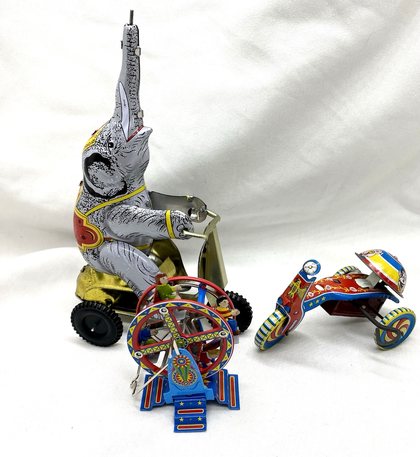 3 Vintage Schylling Wind Up Tin Toys Elephant Trike Ferris Wheel Porky Pig Pluto