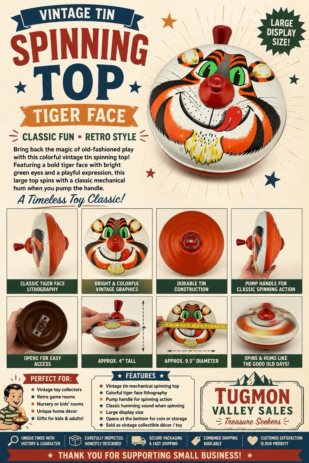 Vintage Tin Spinning Top Tiger Lithograph Large 9.5” Toy Whirligig Retro Toy