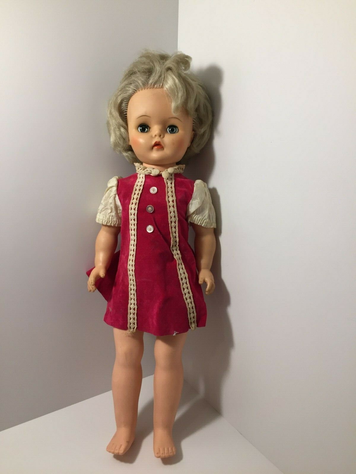 Vintage Doll Standing Only Doll Red Velvet Dress White Trim 20″ Tall
