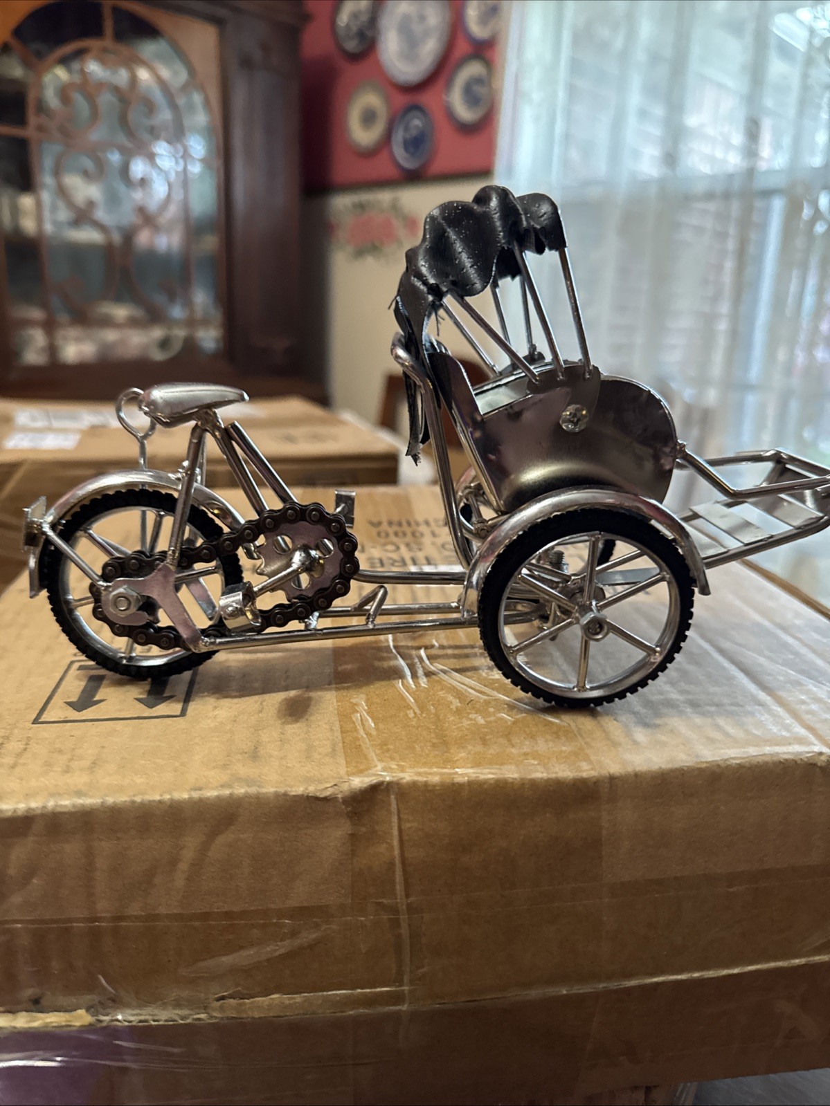 Vintage Metal 3 Wheeled Cycle Rickshaw Functional Bike Model With Vietnam Coin