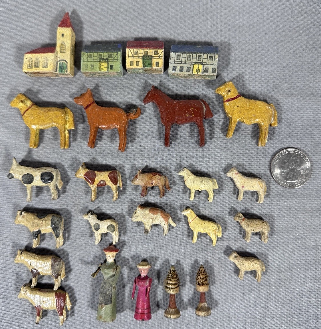 Antique Erzgebirge Putz Miniature Wooden Village Animals Folk Art 25 Pc Lot