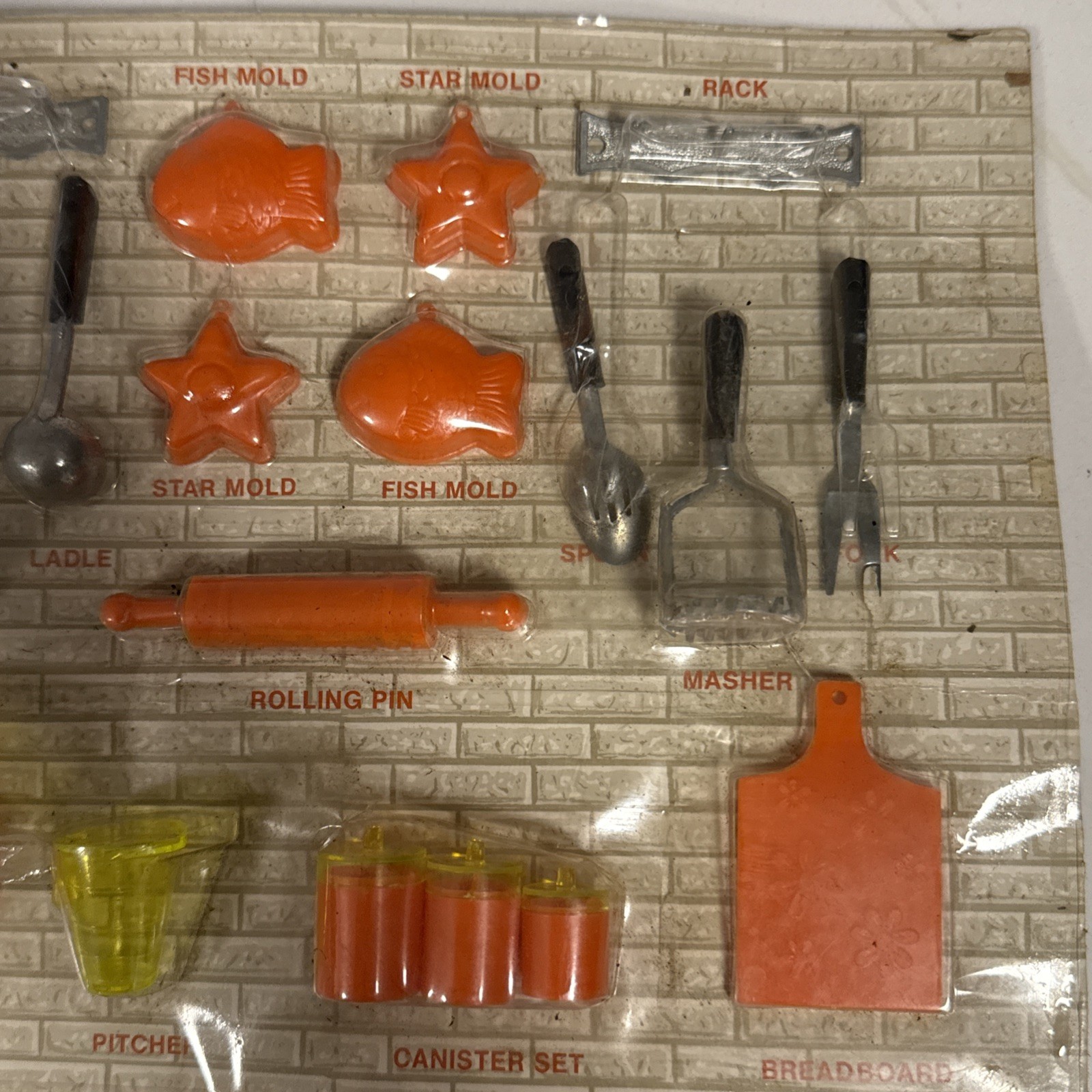 Vintage Ideal Mini-Matic Kitchen Utensils Set Retro Orange Yellow Canister Toy