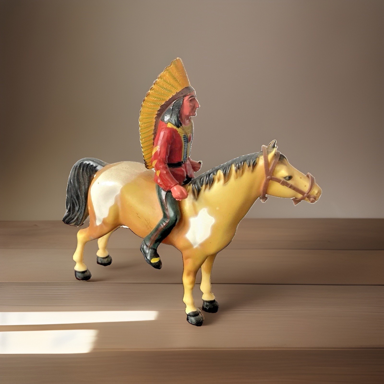 Vintage 1950s Painted Native American Indian Chief on Horse Toy Figure