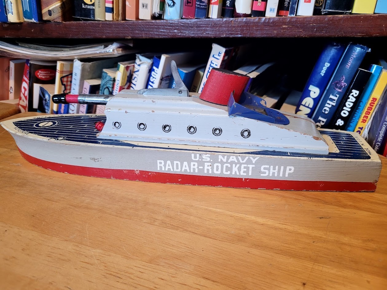 NICE VINTAGE 1940’S KEYSTONE WOODEN U.S. NAVY RADAR-ROCKET SHIP BOAT