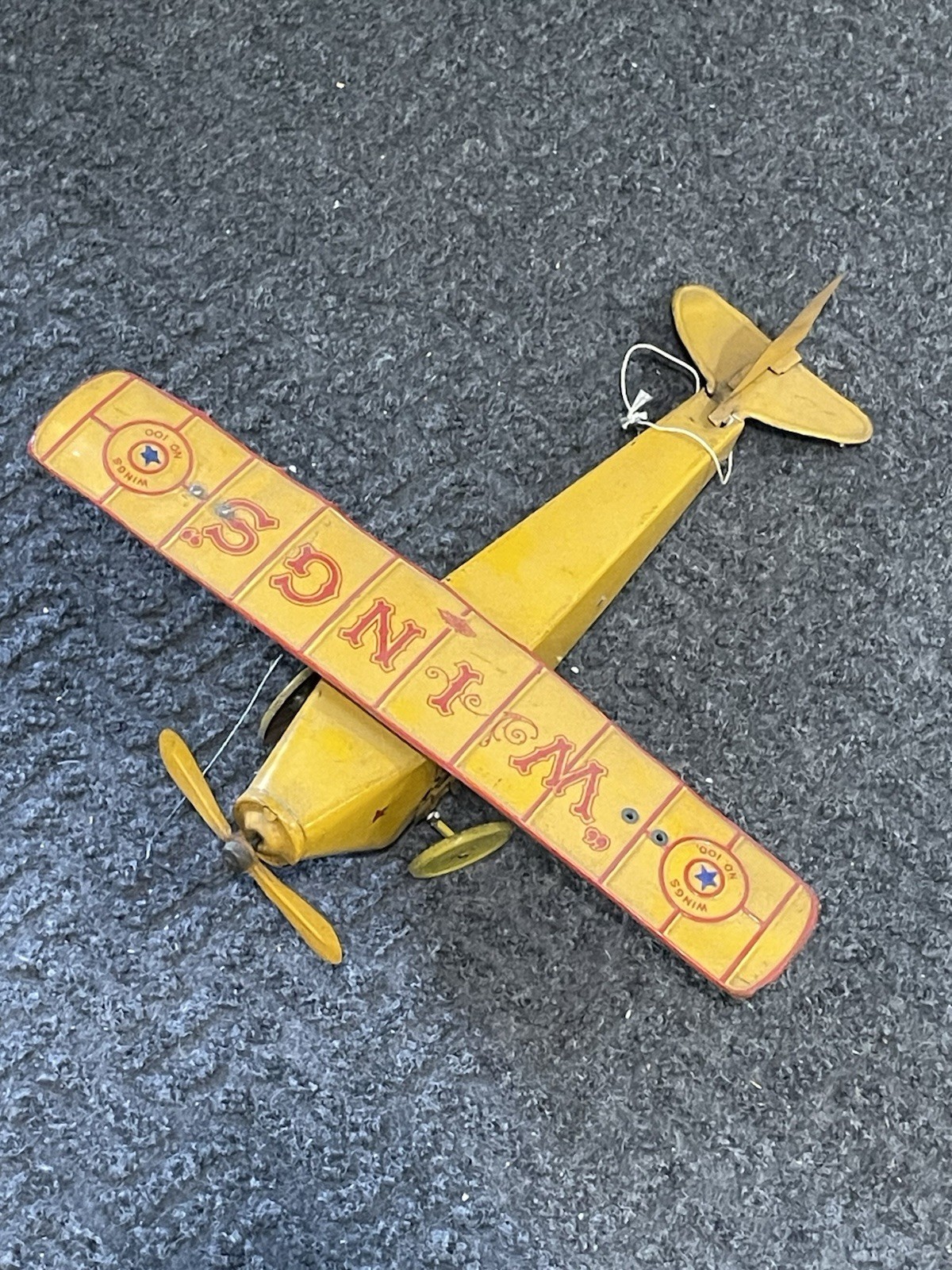 NICE VINTAGE 1920’S WINGS Yellow Red Model No. 100 AIRPLANE Prewar Clockwork