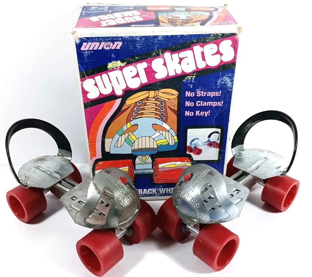 Vintage Union Metal Roller Super Skates In Box Adjustable Size 3-7 PVC Wheel NOB