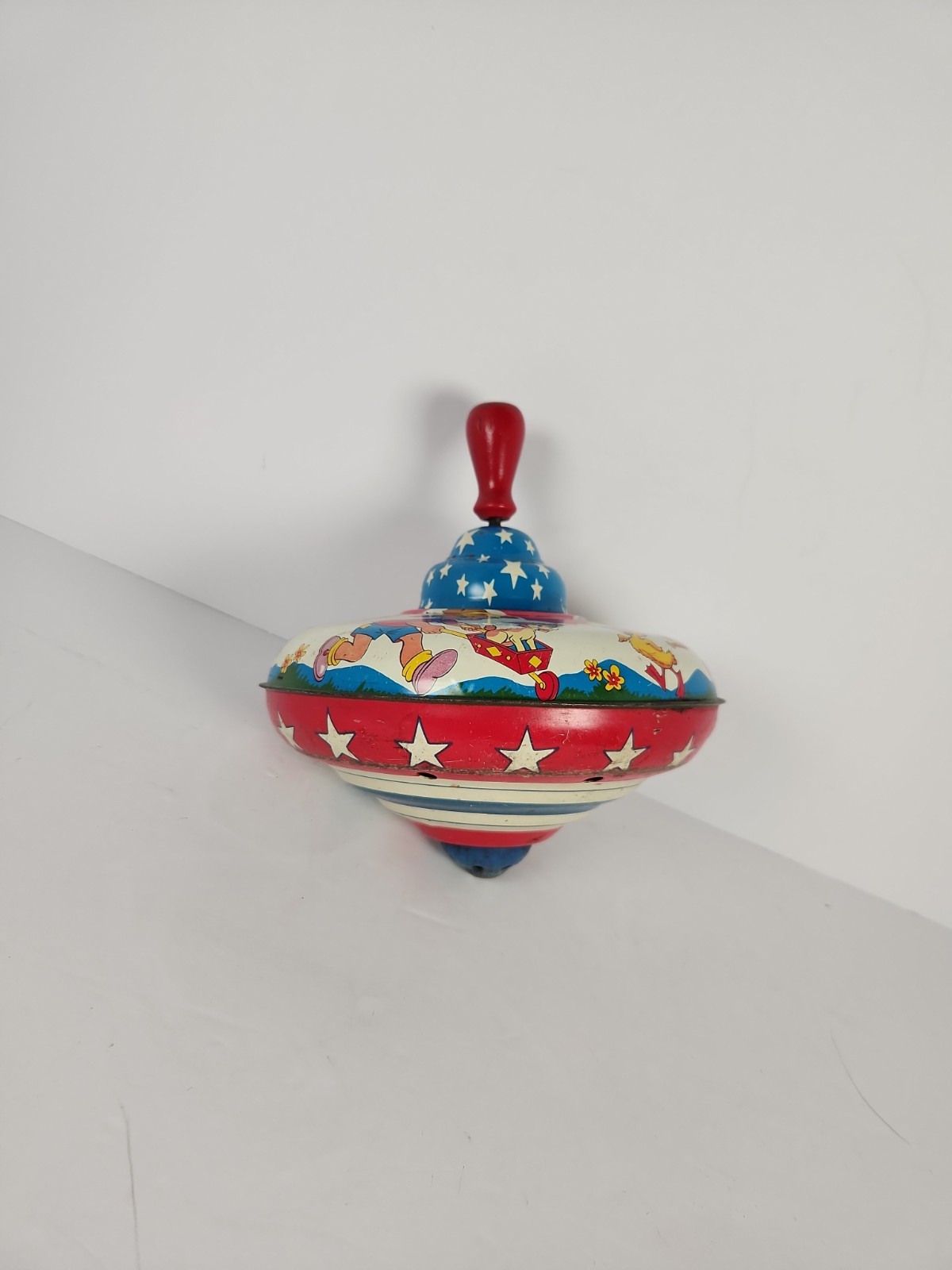 Vintage Ohio Art Tin Litho Pump Spinning Top Chidren Wagon Stars