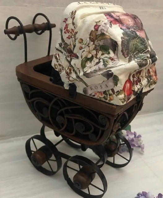 VINTAGE VICTORIAN CARRIAGE DOLL STROLLER GRANNYCORE SHELF DECOR W/ FLORAL CANOPY
