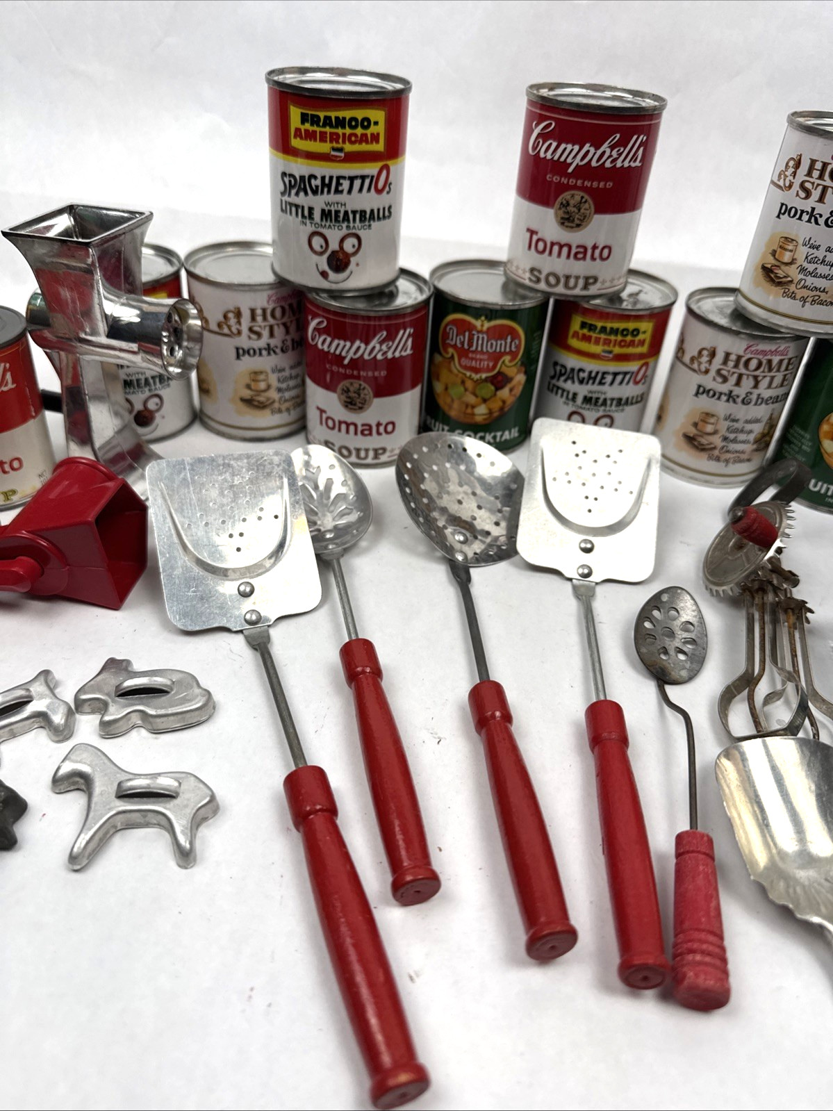 Vintage Play Toy Children’s Kitchen Utensils Food Cans Metal Cutlery Lot